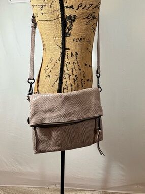 Margot New York Tan Snakeskin Embossed Leather Foldover Crossbody Bag Handbag